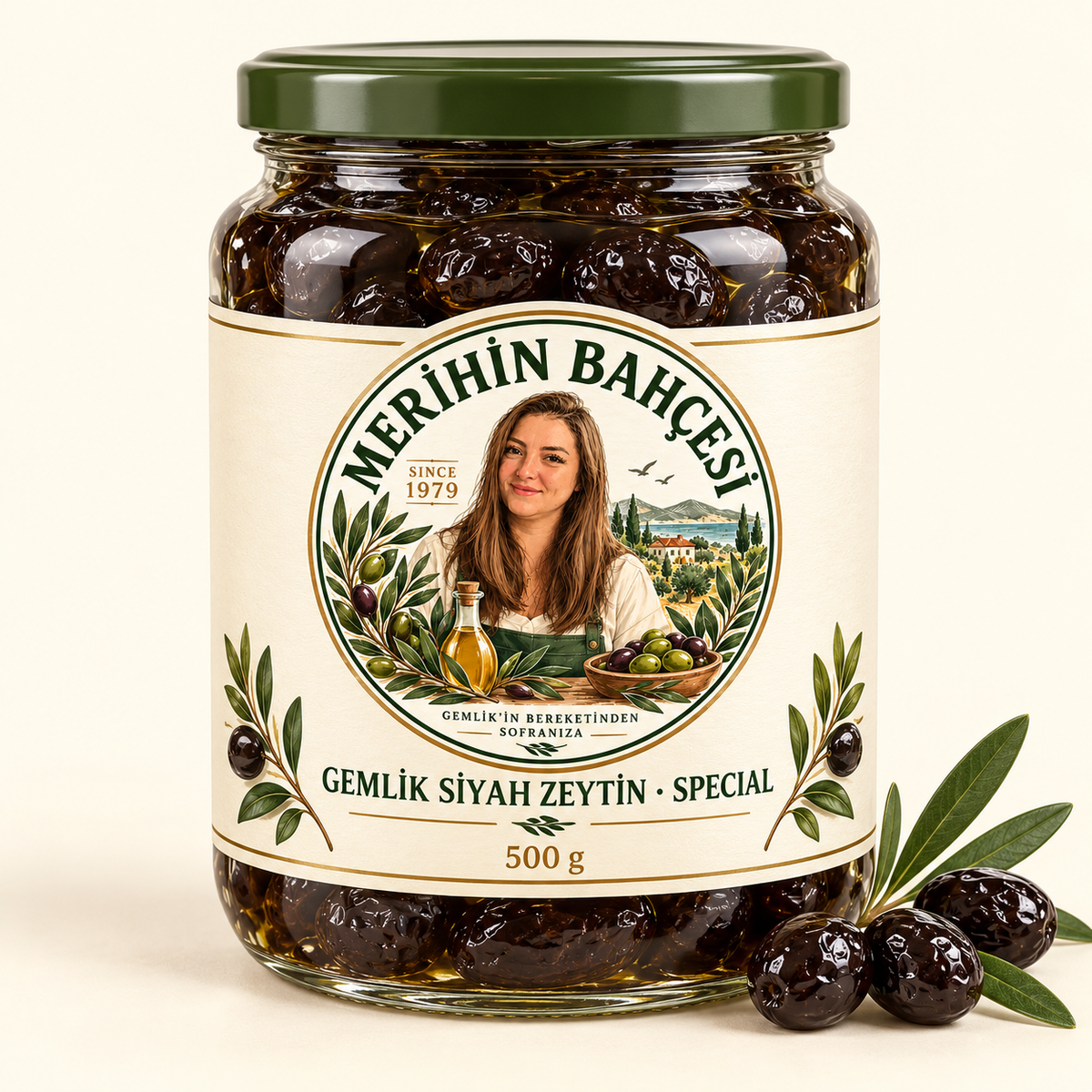 Merihin Bahçesi Gemlik Siyah Zeytin Special 500 g — demo ambalaj tasarımı