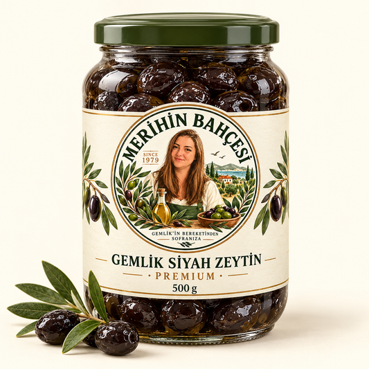Merihin Bahçesi Gemlik Siyah Zeytin Premium 500 g — demo ambalaj tasarımı