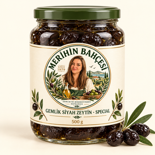 Merihin Bahçesi Gemlik Siyah Zeytin Special 500 g — demo ambalaj tasarımı