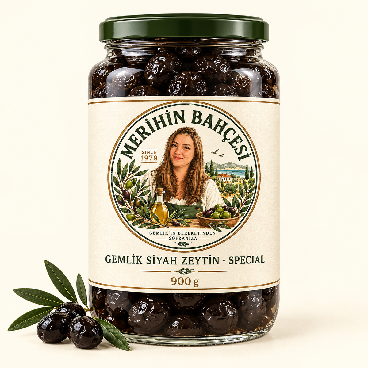 Merihin Bahçesi Gemlik Siyah Zeytin Special 900 g — demo ambalaj tasarımı