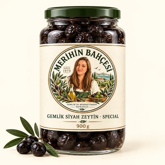 Merihin Bahçesi Gemlik Siyah Zeytin Special 900 g — demo ambalaj tasarımı