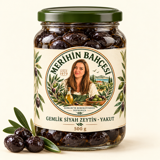 Merihin Bahçesi Gemlik Siyah Zeytin Yakut 500 g — demo ambalaj tasarımı