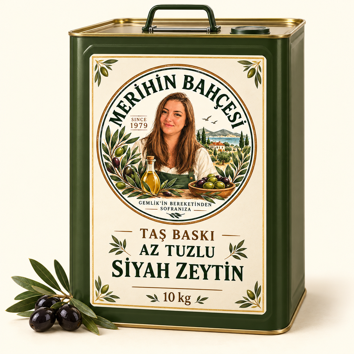 Merihin Bahçesi Taş Baskı Az Tuzlu Siyah Zeytin 10 kg Teneke — demo ambalaj tasarımı