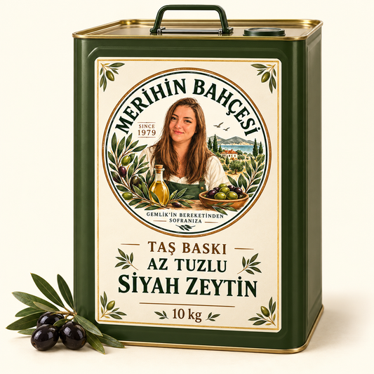 Merihin Bahçesi Taş Baskı Az Tuzlu Siyah Zeytin 10 kg Teneke — demo ambalaj tasarımı