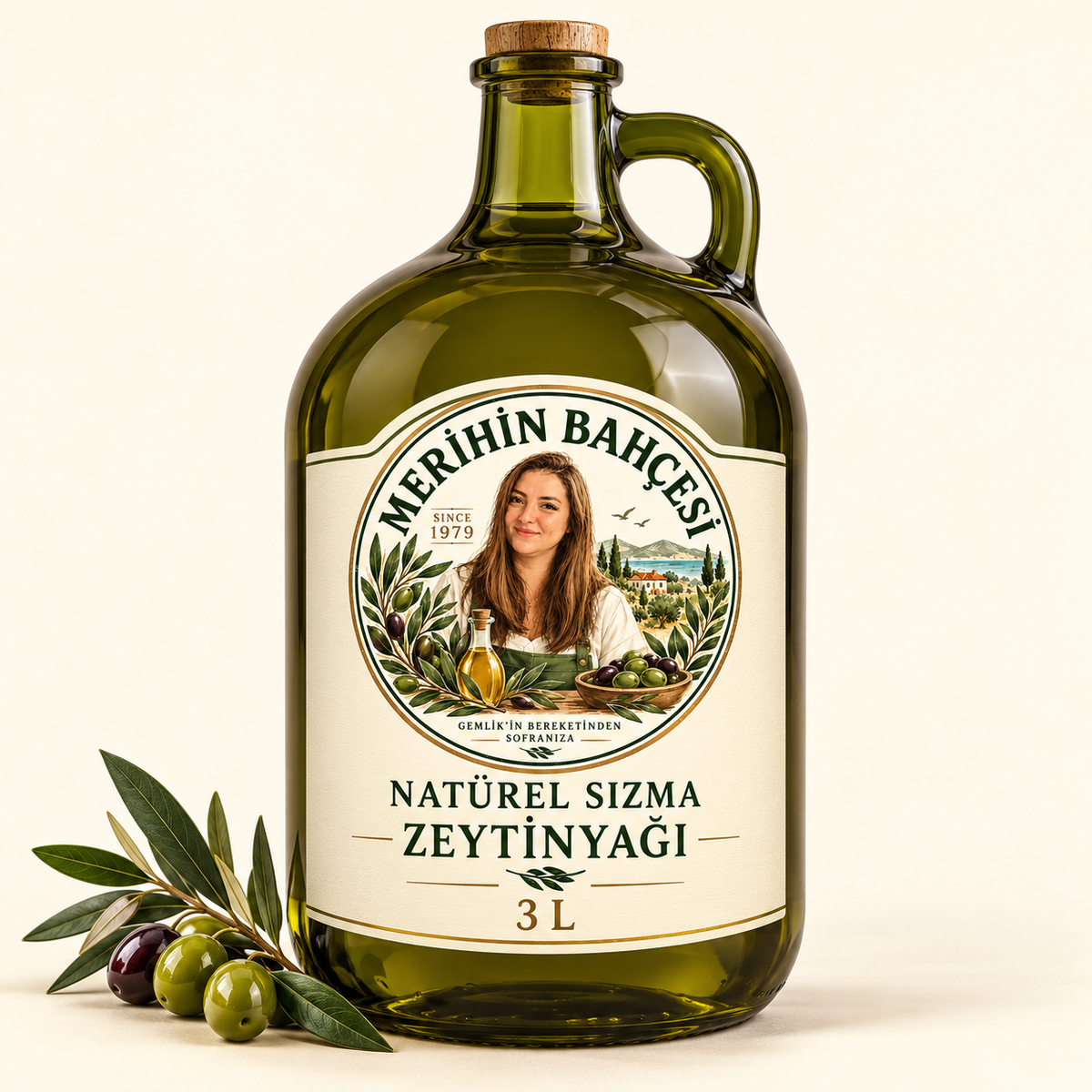 Merihin Bahçesi Natürel Sızma Zeytinyağı 3 L Cam Şişe — demo ambalaj tasarımı